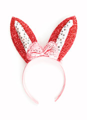 Headband red rabbit isolated on white background. Sexy easter bunny ears hair band. Close up...