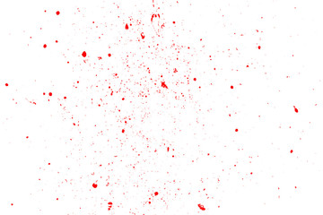 Blood splatter, red acrylic paint splash isolated on wall background texture grunge. Blood splash, spray. Abstract blood decoration. Murder and killing. Close up.