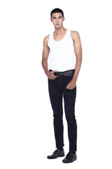 Tan Skin Asian skin head, handsom muscle good looking man in gray vest black pant jean, stand pose in studio lighting white background, hand in pants pocket