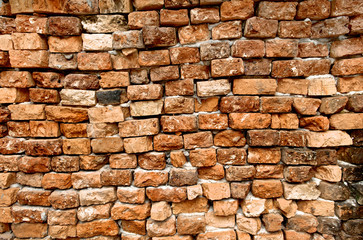 Cracked brick wall texture old background. Urban and rough orange grunge block. Close up.