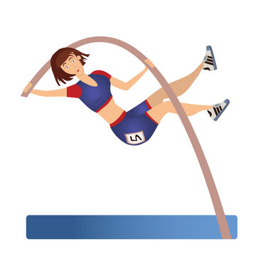 Female Pole Vaulting. Woman Vaulter, Sportswoman. Vector Illustration, Isolated On White Background