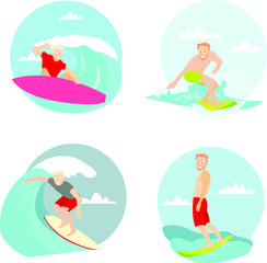 Obraz na płótnie Canvas Surfing man flat cartoon vector illustration
