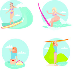 Surfing girl cartoon flat set vector illustration