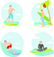 Surfing man flat cartoon vector illustration