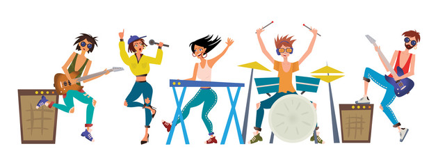 Rock band. Young men and women play musical instruments. Guitarists, keyboardist, drummer and singer. Vector illustration, isolated on white background.
