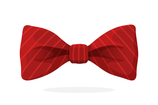 Red bow tie with print in diagonal stripes. Vector illustration in cartoon style. Vintage elegant bowtie. Men's clothing accessories.