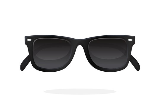 Modern sunglasses with black plastic-framed frames and black lenses. Vector illustration in cartoon style. Summer accessory. Eyewear for protection from sun beam 