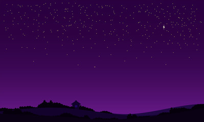 purple sky full of stars, nature background. flat landscape.