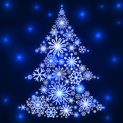 Snowflakes in the form of a Christmas tree. Winter themes. Snowflakes of different sizes and shapes. New Year and Christmas. Vector illustrations.