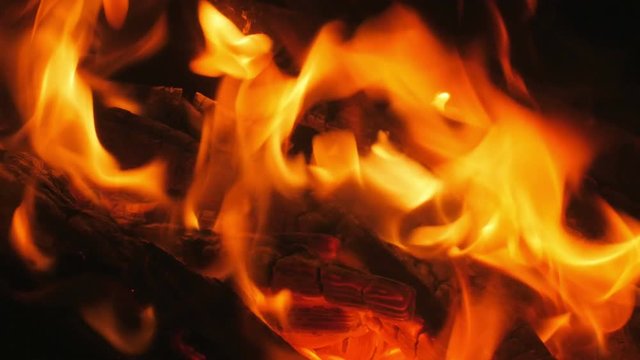 close up shot of blaze fire flame at night, 4k