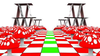 Amanita and playing cards on the chessboard. 3D-Rendering