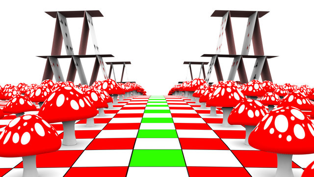 Amanita and playing cards on the chessboard. 3D-Rendering