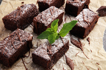 homemade chocolate brownies on grey vintage background, chocolate cake concept