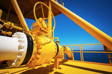 Manual operate ball valve at offshore oil and gas central processing platform, manual valve