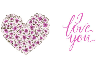 Heart of violets flowers lettering I LOVE YOU isolated on white background. Vector illustration.