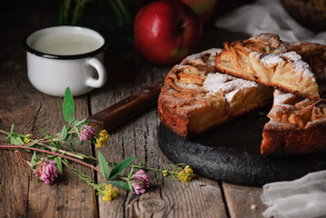 Homemade rustic Italian apple pie on a wooden old vintage table. Dark background. Seasonal bakery...