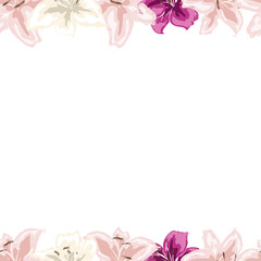 Fototapeta na wymiar Floral frame of gently pink lilies flowers isolated on white background. Vector illustration.