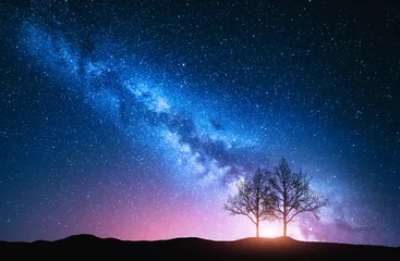  Starry sky with pink Milky Way and trees. Night landscape with alone trees on the hill against colorful milky way. Amazing galaxy. Nature background with beautiful universe. Astrophotography © den-belitsky