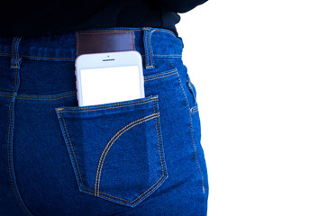 Cell phone in jeans pocket on white background.