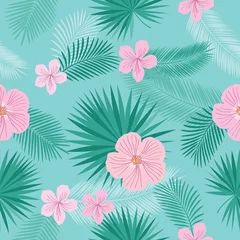 Foto op Plexiglas Seamless pattern with tropical leaves and summer pink flowers for textile, wallpapers, gift wrap, covers and scrapbook.  Vector illustration. © tkoko