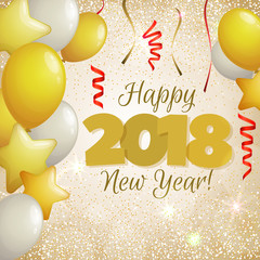 Happy New Year 2018 greeting card. Festive illustration with colorful confetti, party popper and sparkles. Vector