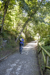 Obraz premium cyclist going in a ride in a path in Asturias, Spain