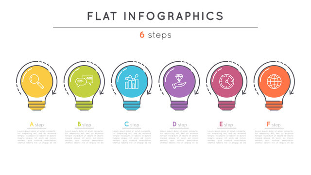 Flat style 6 steps timeline infographic template.