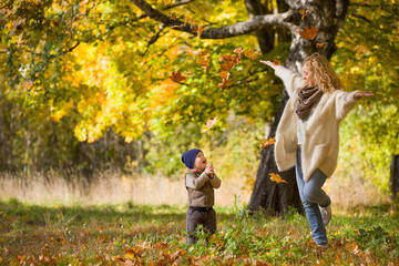Naklejka na ściany i meble Happy young woman with cute little toddler boy throwing maple leaves and having fun. Mother with child walking in the park and enjoying sunny weather. Lifestyle, family and autumn concept