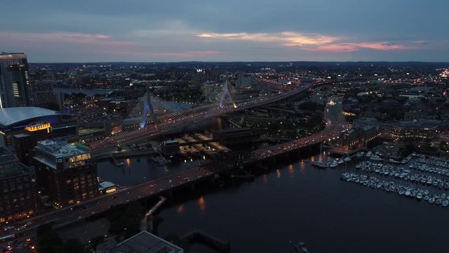 Aerial Drone Footage Leonard P. Zakim Bunker Hill Bridge Night Lights