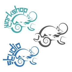 
An illustration consisting of three images in the form of a chameleon sitting on a wrench
