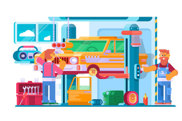 Auto Repair Service. Auto Mechanic Near the Car Lifted on Autolifts. Vector illustration