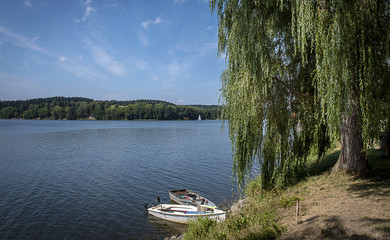 Naklejka premium The boats by the shore and a tree on the slap dam