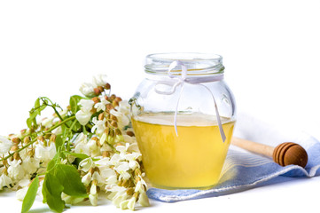 Acacia honey and flowers isolated