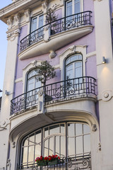The beautiful house front of International Hotel in Lisbon - LISBON, PORTUGAL 2017