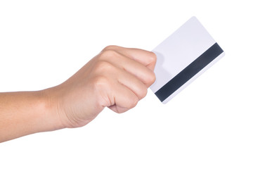 Female hand holds empty white card isolated on white background