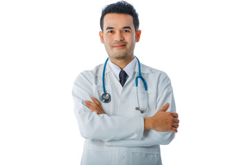 Fototapeta premium Asian smart doctor standing arms crossed and carrying stethoscope on shoulders at hospital, isolated on white background, concept of business medical and treatment professional.