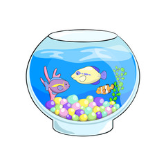 Fish tank cartoon vector illustration. Cute sea animals in aquarium.