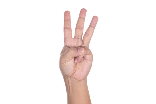 hand showing three fingers isolated on white background