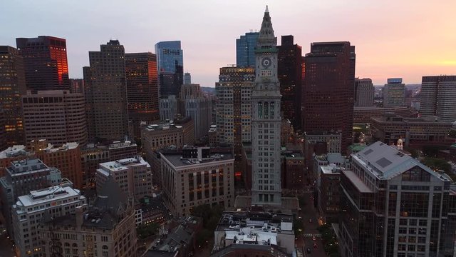 Aerial video historical buildings and clock tower downtown boston 4k