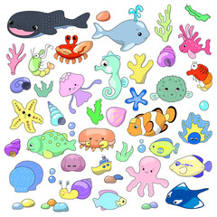 Cute sea animals vector illustration. Marine animals, tropical fish, corals and shells.