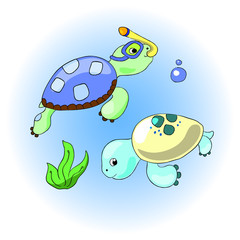 Sea turtles with snorkeling gear and seaweed