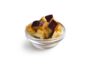 Fried square chips made of aubergine