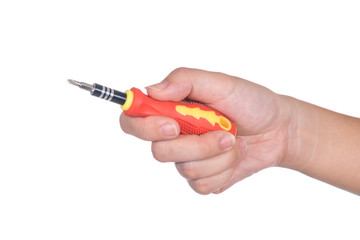 Hand holding screwdriver isolated on white background