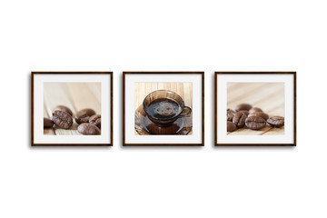 Three wooden frames set  with coffee motif pictures