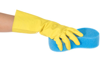 Female hand in yelllow glove holding blue sponge  isolated on white background