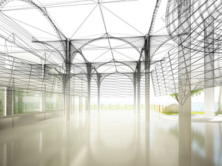 sketch design of interior hall, 3d rendering