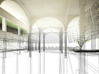 sketch design of interior hall, 3d rendering