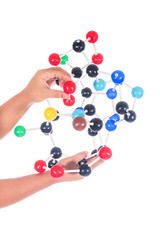 Hand holding colorful science molecule model isolated on white background
