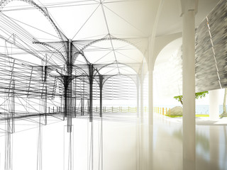 sketch design of interior hall, 3d rendering