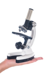 Female hand holding white science microscope isolated on white background